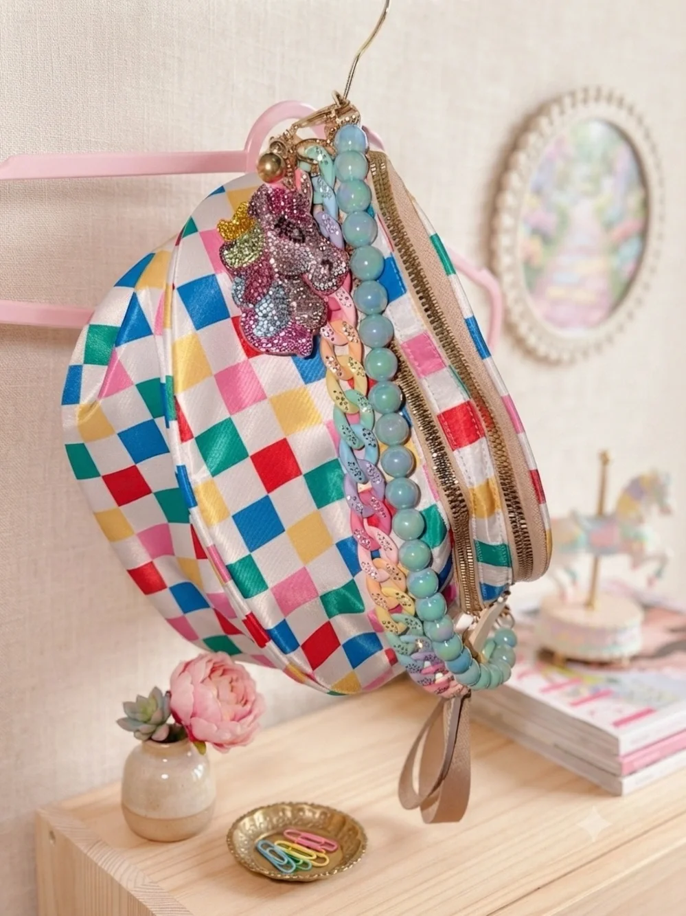 Multicolor Checkered Round Crossbody Bumbag with Beaded Strap